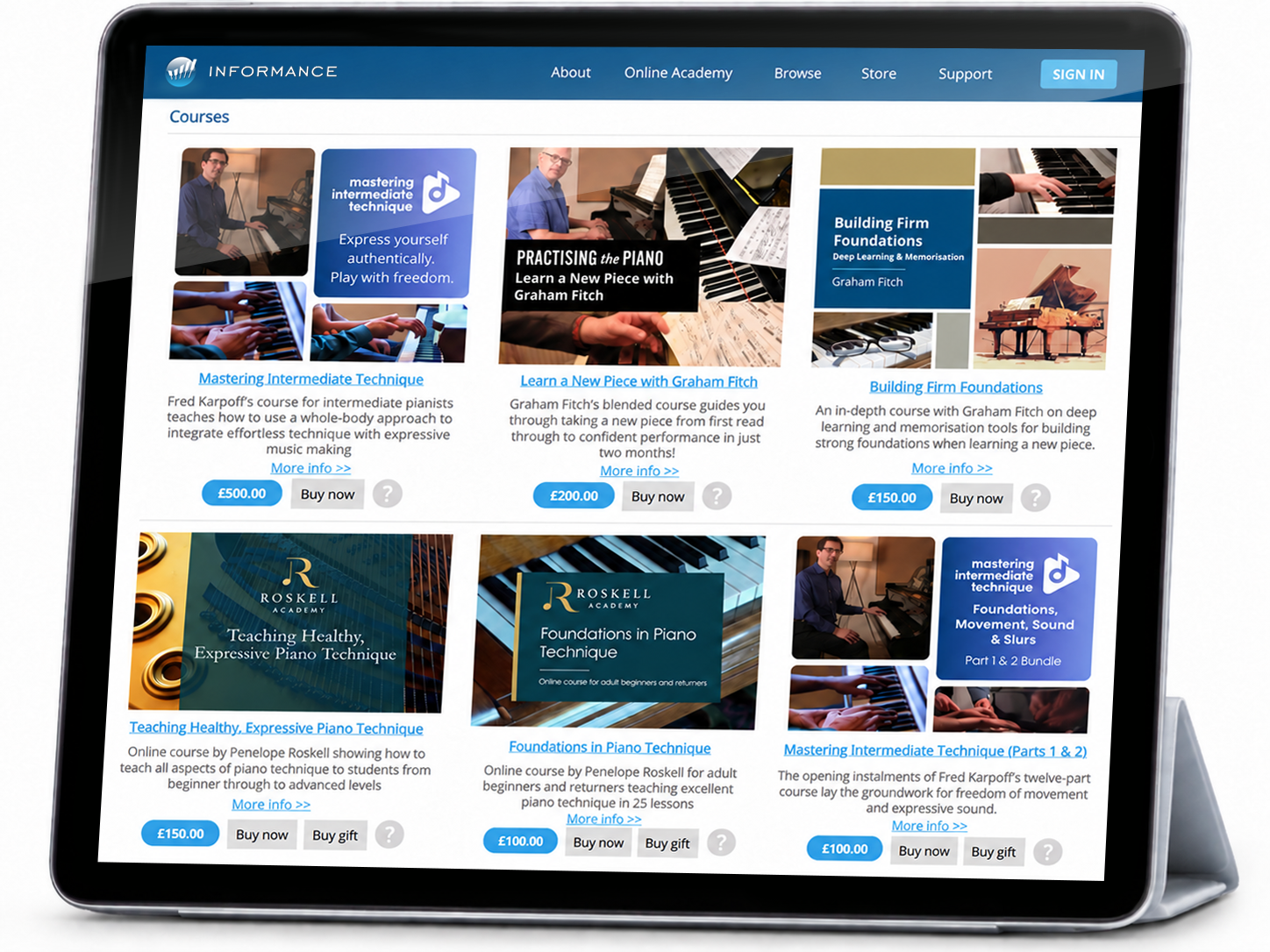 Online Academy store shown on a tablet